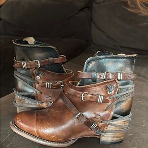 Brown Leather Ankle Boots with Buckle Straps FreeBird